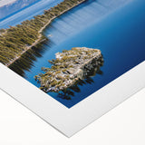 Art deco poster of Lake Tahoe with muted blue and green tones on rolled canvas, suitable for dining room wall art.