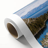 Art Deco style poster of Lake Tahoe on rolled canvas, featuring cool blue and green tones, ideal for nursery wall art.