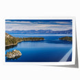 Rolled print of Lake Tahoe landscape in muted blue and green tones, ideal for art wall dining room.