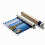 Extra large rolled print depicting Lake Tahoe with vibrant blue and green tones, ideal for classy bathroom wall art.