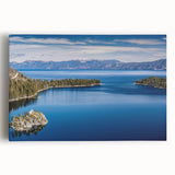 Black and white image of Lake Tahoe on a large stretched canvas, ideal for kitchen wall art.
