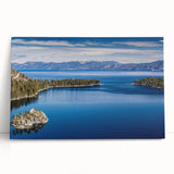 Black and white photo of Lake Tahoe on stretched canvas, ideal for kitchen wall art or bedroom ambiance.