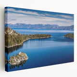 Lake Tahoe landscape on large stretched canvas, featuring serene blue and green tones, ideal for kitchen wall art.