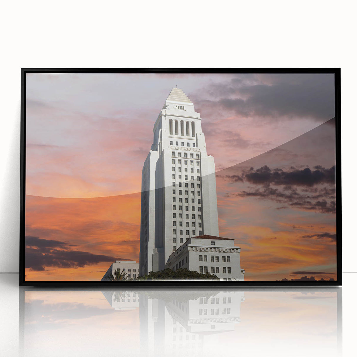Large abstract wall art depicting a stylized Los Angeles skyline in muted gray tones, framed in black acrylic.