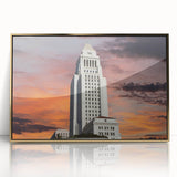Large art print of Los Angeles skyline in gold tones on framed acrylic, suitable for modern art wall decor.