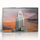 Mid-century modernist art of Los Angeles skyline in muted colors on a silver-framed acrylic, ideal for modern art wall decor.