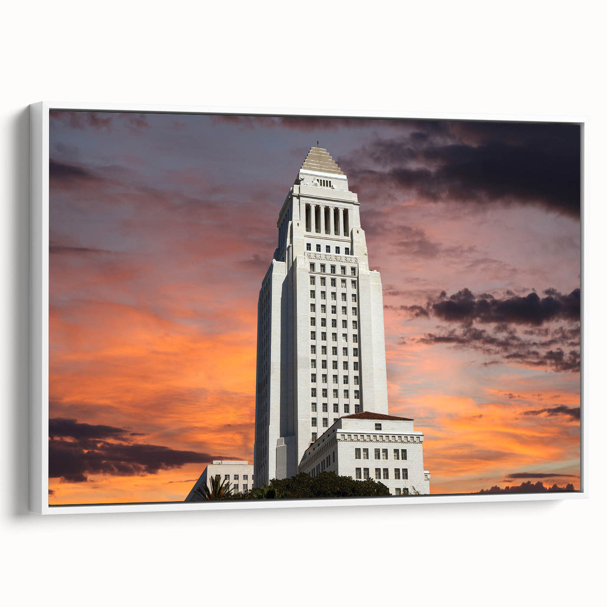 Vintage poster art of Los Angeles skyline in colorful hues on a framed canvas, ideal for living room decor.