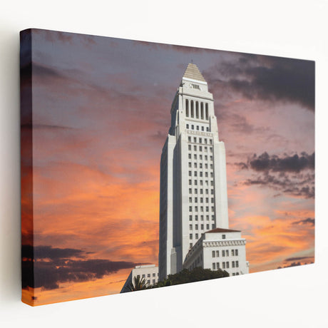 Large canvas print of the Los Angeles skyline in muted gray and blue tones, ideal for kitchen wall art.