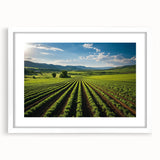 Abstract art print of Napa Valley with muted earth tones on a framed white mat, ideal for dining room decor.