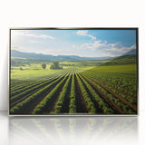 Mid-century modernist art depicting California's Napa Valley in muted earth tones on a framed acrylic print.