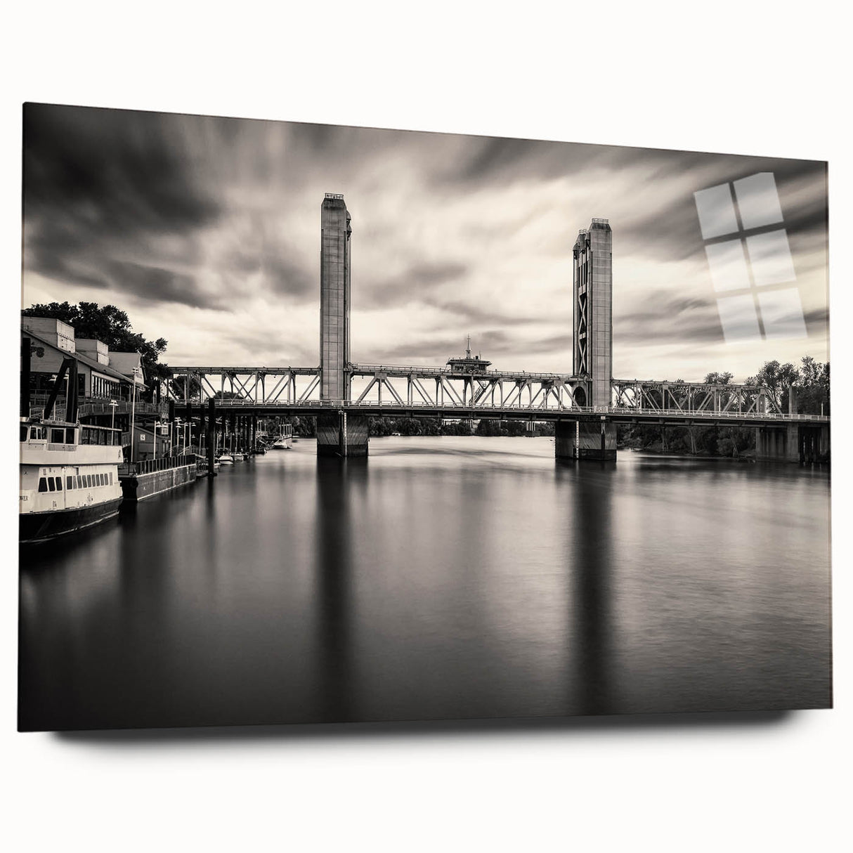 Large abstract wall art of Sacramento scenery in muted earth tones on acrylic glass, ideal for bedroom or dining room decor.