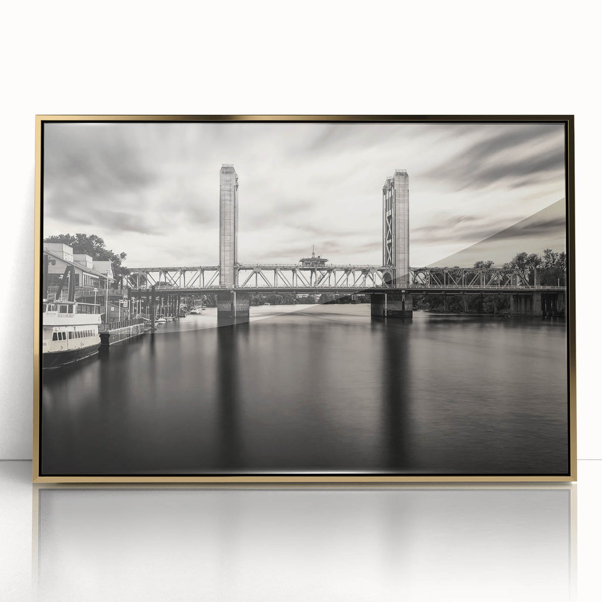 Framed acrylic print of Sacramento scenery, featuring mid-century modernist style in gold and green tones.