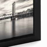 Framed canvas of a textured, colorful Sacramento skyline in black with vivid accents, ideal for living room decor.