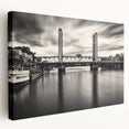 Large canvas print of the Sacramento skyline in muted blues and grays, ideal for kitchen wall art.
