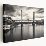 Large canvas print of the Sacramento skyline in muted blues and grays, ideal for kitchen wall art.