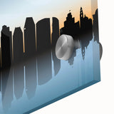 Large abstract wall art of San Diego skyline in muted blue and gray tones on acrylic glass, ideal for dining room art.