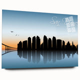 Acrylic print of a large abstract depiction of San Diego in muted blue and gray tones, ideal for bedroom or dining room art.