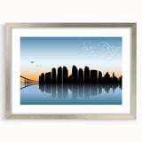 Textured art print of abstract San Diego scenery in silver frame with muted blue and green tones, ideal for bedroom art.