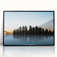 Large abstract wall art depicting San Diego's skyline in muted blue and gray tones on a framed acrylic panel.