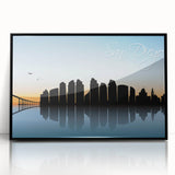 Large abstract wall art depicting San Diego's skyline in muted blue and gray tones on a framed acrylic panel.