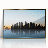 Mid-century modernist San Diego skyline in gold and blue tones on a framed acrylic, ideal for modern art wall decor.