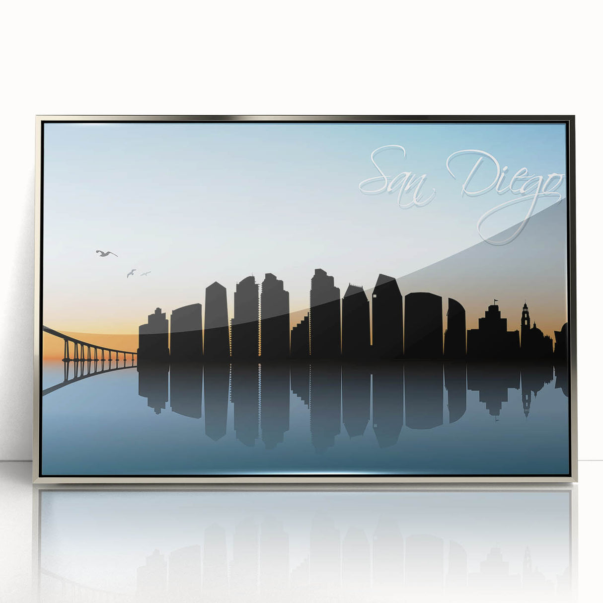 Mid-century modernist art depicting San Diego skyline in muted colors on a framed acrylic print.