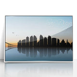 Art Deco style poster of San Diego skyline in muted blue and white, framed acrylic, ideal for modern nursery wall art.