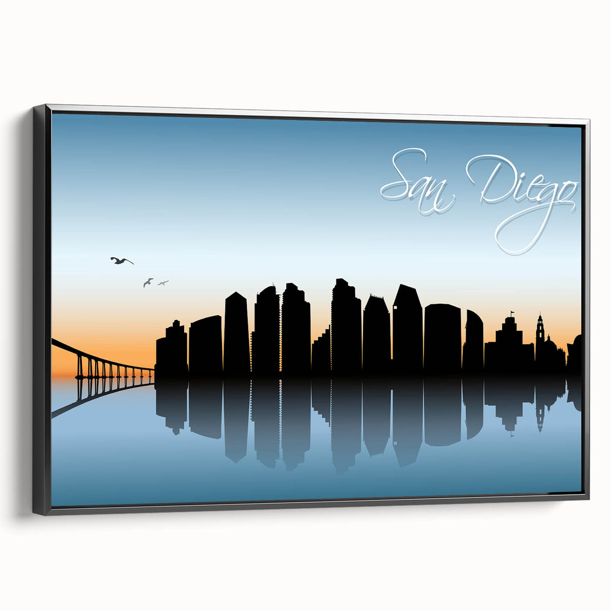 Black and white framed canvas featuring a vintage-style San Diego landscape, ideal for bedroom wall art.