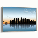 Framed canvas featuring a vintage-style landscape art painting of San Diego, with colorful art elements and a black border.