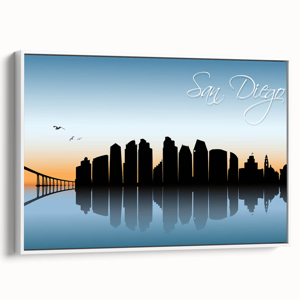Vintage poster art of San Diego skyline in vibrant colors on a large framed canvas, ideal for living room decor.