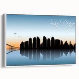 Vintage poster art of San Diego skyline in vibrant colors on a large framed canvas, ideal for living room decor.