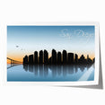 San Diego skyline in muted gray and blue tones on a rolled canvas, suitable for art wall dining room.