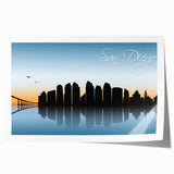 San Diego skyline in muted gray and blue tones on a rolled canvas, suitable for art wall dining room.