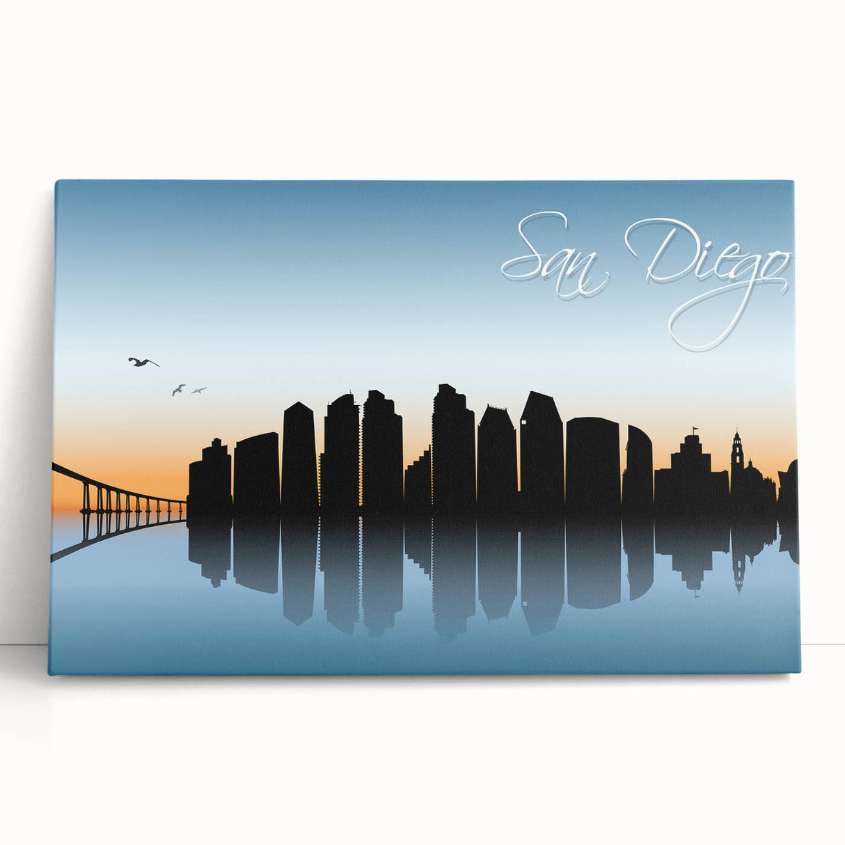 Black and white photographic print of San Diego skyline on stretched canvas, suitable for kitchen wall art or bedroom decor.