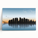 Black and white photographic print of San Diego skyline on stretched canvas, suitable for kitchen wall art or bedroom decor.