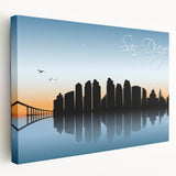 Large canvas print of San Diego skyline in muted blue and gray tones, suitable for kitchen wall art.