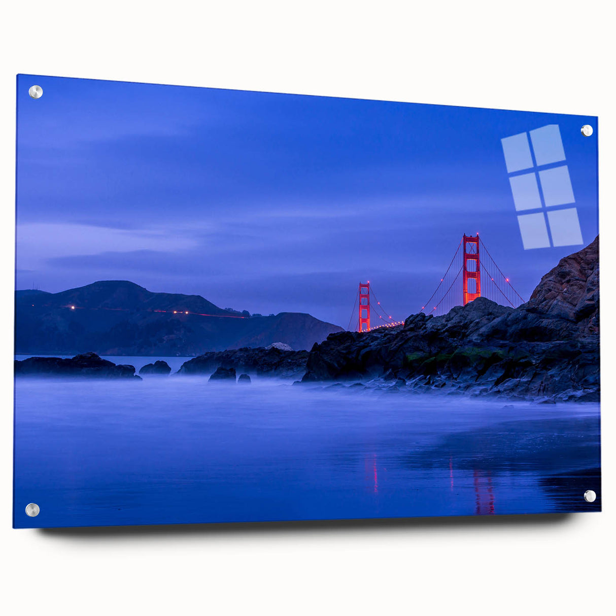 Acrylic print of San Francisco skyline in muted blue and gray tones, suited for bedroom or dining room decor.