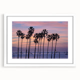 Abstract art print of Santa Barbara coastline in muted blues and grays on a white-framed canvas, ideal for dining room decor.