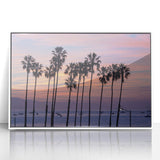 Acrylic print of a Santa Barbara landscape in art deco style, with soft pastel shades, framed in white.