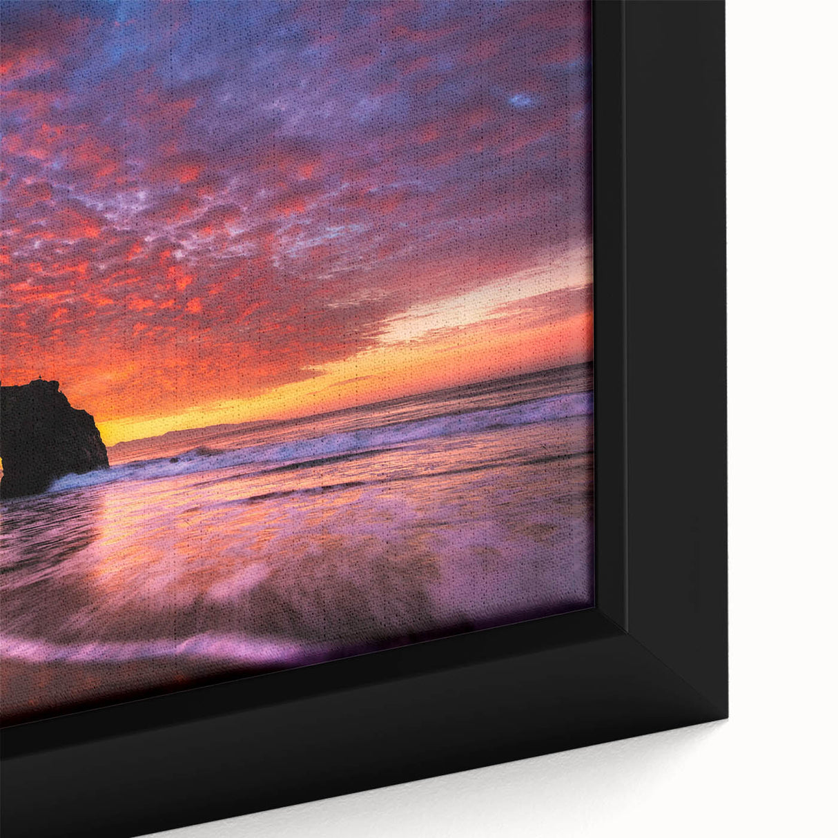 Extra large black wall art featuring a textured depiction of Santa Cruz, with colorful accents on a framed canvas.