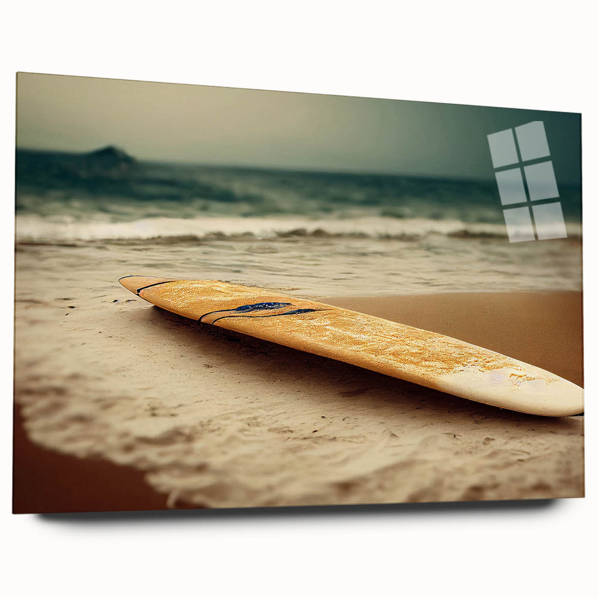 Large abstract acrylic print of Santa Monica scenery in muted blues and greens, ideal for bedroom or dining room art.
