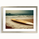 Textured abstract art print of Santa Monica scenery in muted blue and gray tones on a framed canvas.