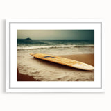 Abstract art print of Santa Monica scenery in muted blue and gray tones on a framed canvas, suitable for dining room decor.