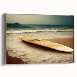 Framed canvas of a vintage-style Santa Monica landscape painting with vibrant colors on a black background.