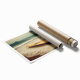 Extra large rolled print depicting Santa Monica scenery with muted blue and sandy hues, ideal for classy bathroom wall art.