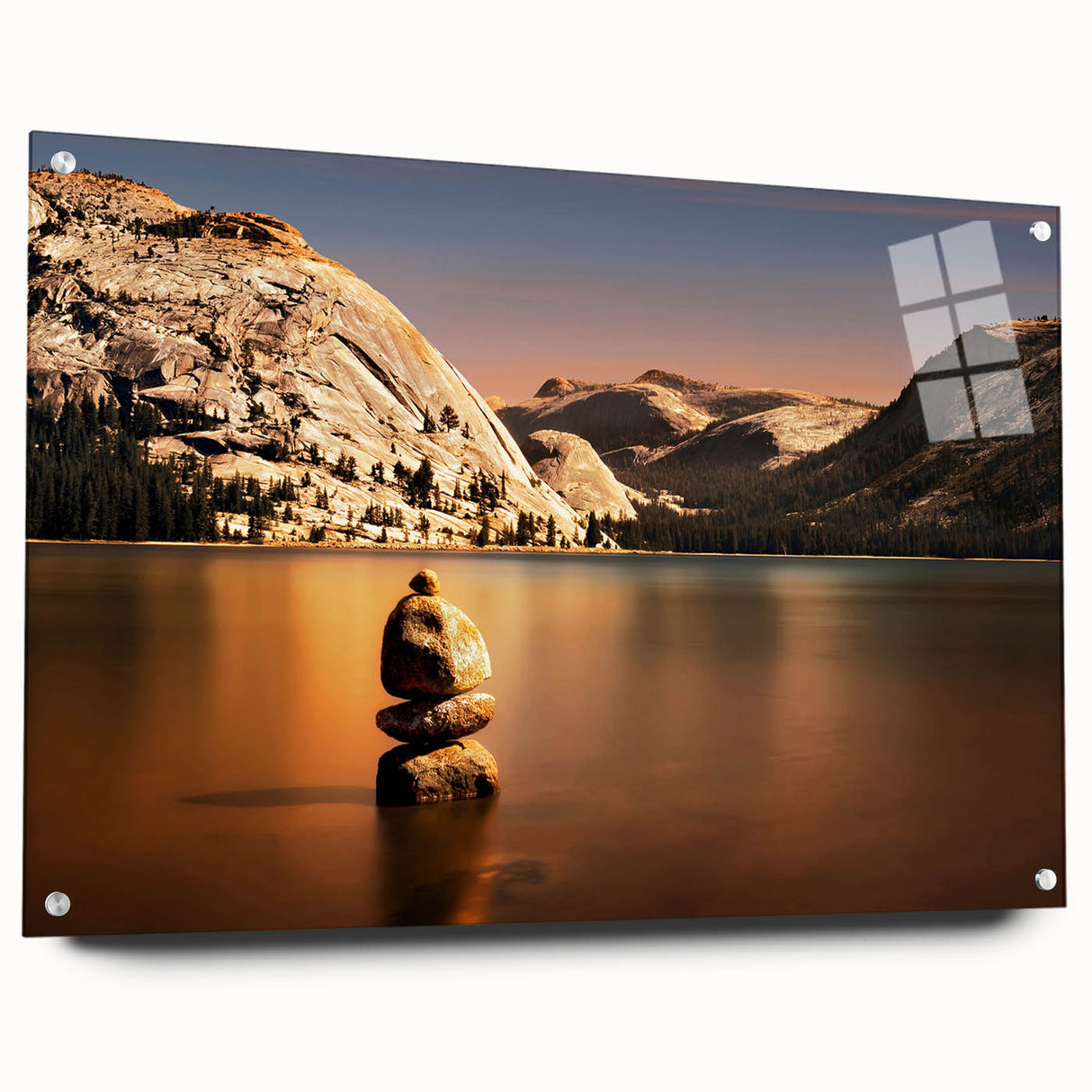 Acrylic print of Yosemite scenery with vivid blue and green tones, ideal for dining room decor.