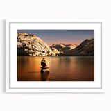 Abstract art print of Yosemite scenery in muted earth tones on a white-framed canvas, ideal for dining room decor.