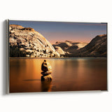 Framed canvas landscape art painting of Yosemite with muted earth tones and silver frame, ideal for office decor.
