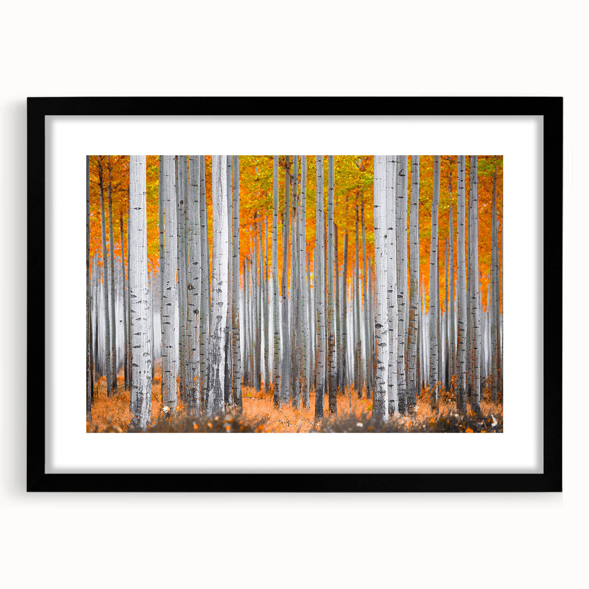 Extra large, textured abstract art print of a colorful Aspen landscape, framed in black, suitable for living room decor.