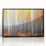 Large abstract wall art depicting Aspen, Colorado scenery in mid-century modernist style, framed in black acrylic.